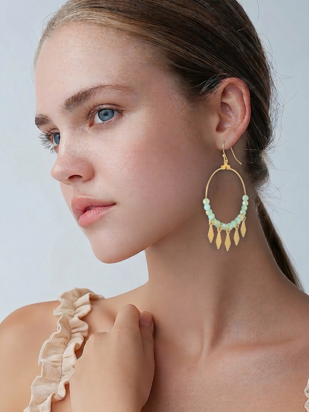 Boho Gold Hoop Earrings with Mint Beads